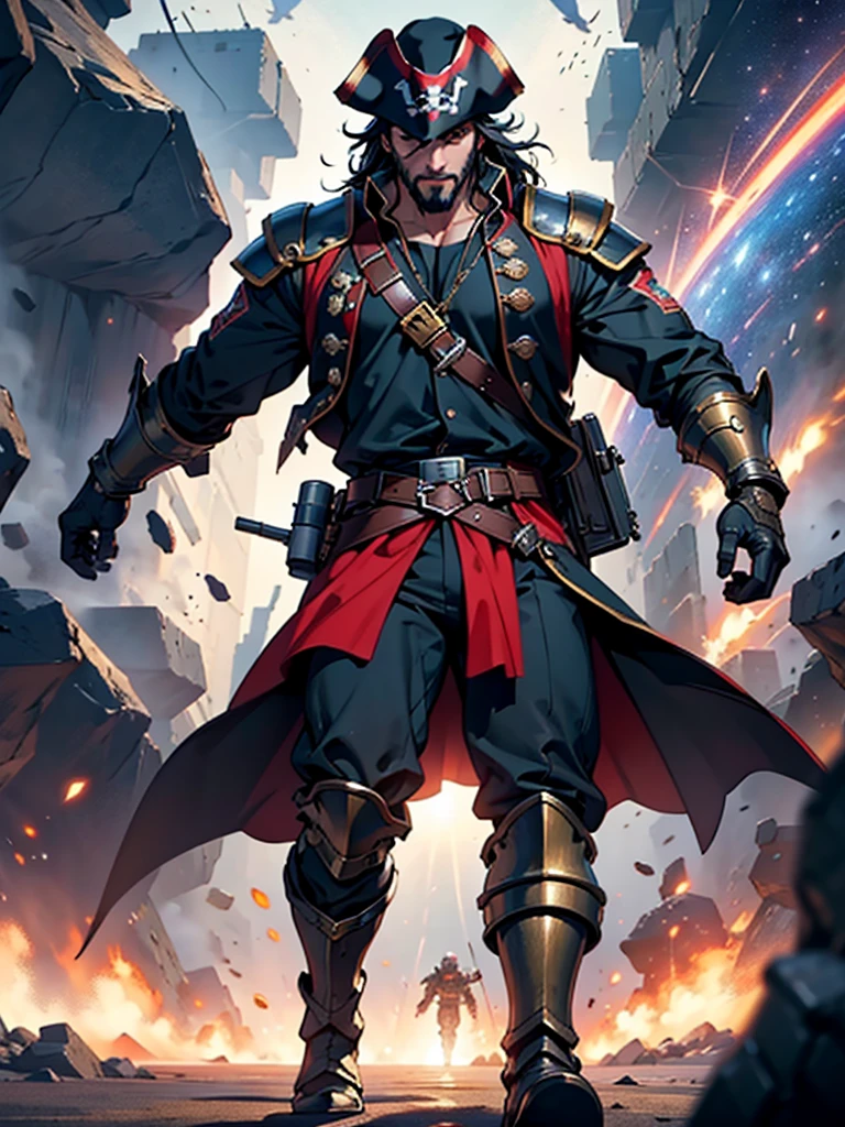 Space action movie poster. Best quality, masterpiece, a high resolution, One, One focus, 1 boy, mature man, black hair, Red eyes, (perfectly drawn face), facial hair, (Long sleeves, Pirate Costume, pirate hat, Pirate boots), space background, standing on the wheelhouse of a space pirate ship, V-shaped eyebrows, Evil grin, There is a space battle in the background, battleship explosions, Wearing the Desert Cloak, Wearing full heavy mecha armor, Fighting pose, War of alien civilizations, The smoke from the gun fills, Soldier in armor, full armor, Against the backdrop of a bright space battle and explosions of space battleships, almost perfect, Light red color, Scatters gold coins. In its purest form, intricate details, Post-production 8K, high resolution, super detail, trending on artstation, Sharp Focus, intricate details, Very detailed, dynamic movement, engineering ingenuity, hard breath, (oppressive attack)