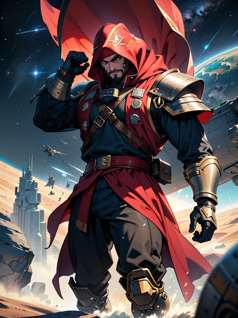 Space action movie poster. Best quality, masterpiece, a high resolution, One, One focus, 1 boy, mature man, black hair, Red eyes, (perfectly drawn face), facial hair, (Long sleeves, Pirate Costume, pirate hat, Pirate boots), space background, standing on the wheelhouse of a space pirate ship, V-shaped eyebrows, Evil grin, There is a space battle in the background, battleship explosions, Wearing the Desert Cloak, Wearing full heavy mecha armor, Fighting pose, War of alien civilizations, The smoke from the gun fills, Soldier in armor, full armor, Against the backdrop of a bright space battle and explosions of space battleships, almost perfect, Light red color, Scatters gold coins. In its purest form, intricate details, Post-production 8K, high resolution, super detail, trending on artstation, Sharp Focus, intricate details, Very detailed, dynamic movement, engineering ingenuity, hard breath, (oppressive attack)