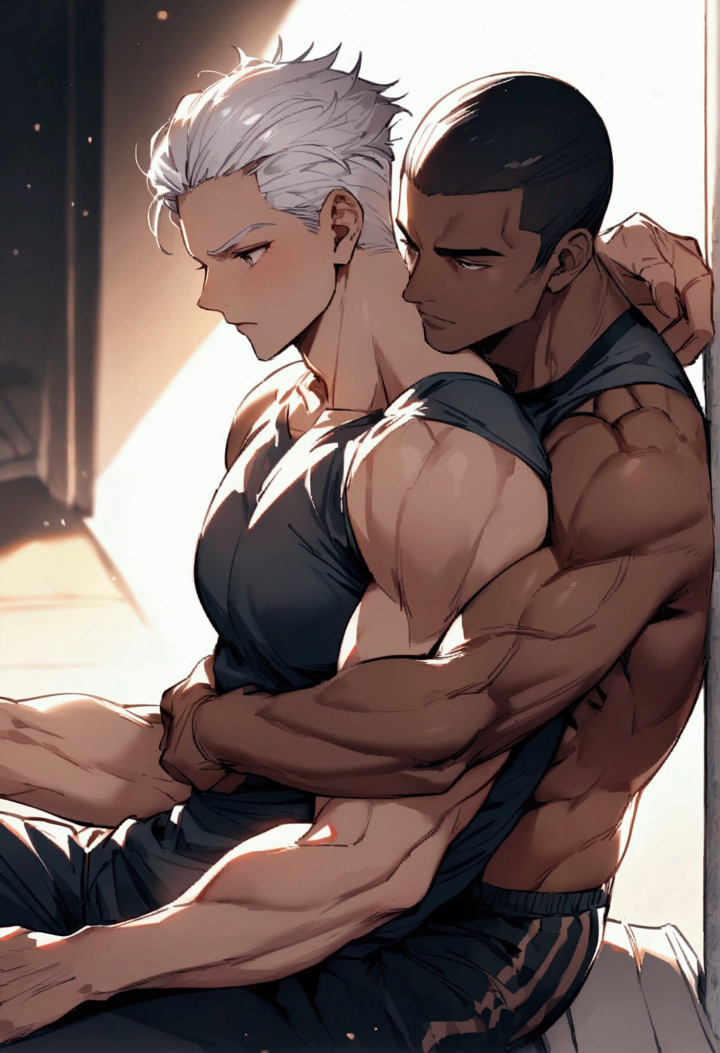 Highest quality、(two muscular men:1.5)、(father:0.5)、White Hair、Brown skin、Short Hair、Sports haircut、short hair、sitting position、hug from behind 、side view
