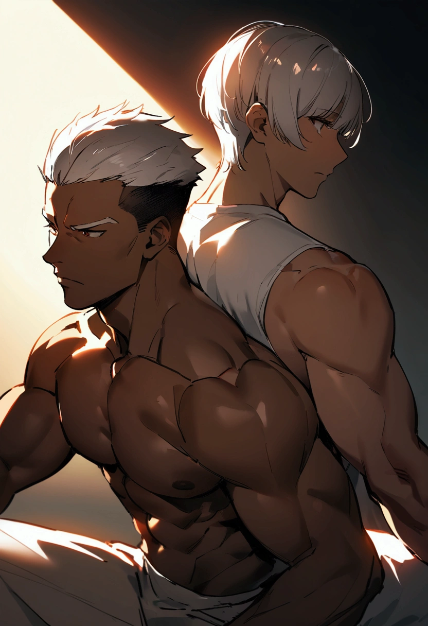 Highest quality、(two muscular men:1.5)、(father:0.5)、White Hair、Brown skin、Short Hair、Sports haircut、short hair、sitting position、hug from behind 、side view