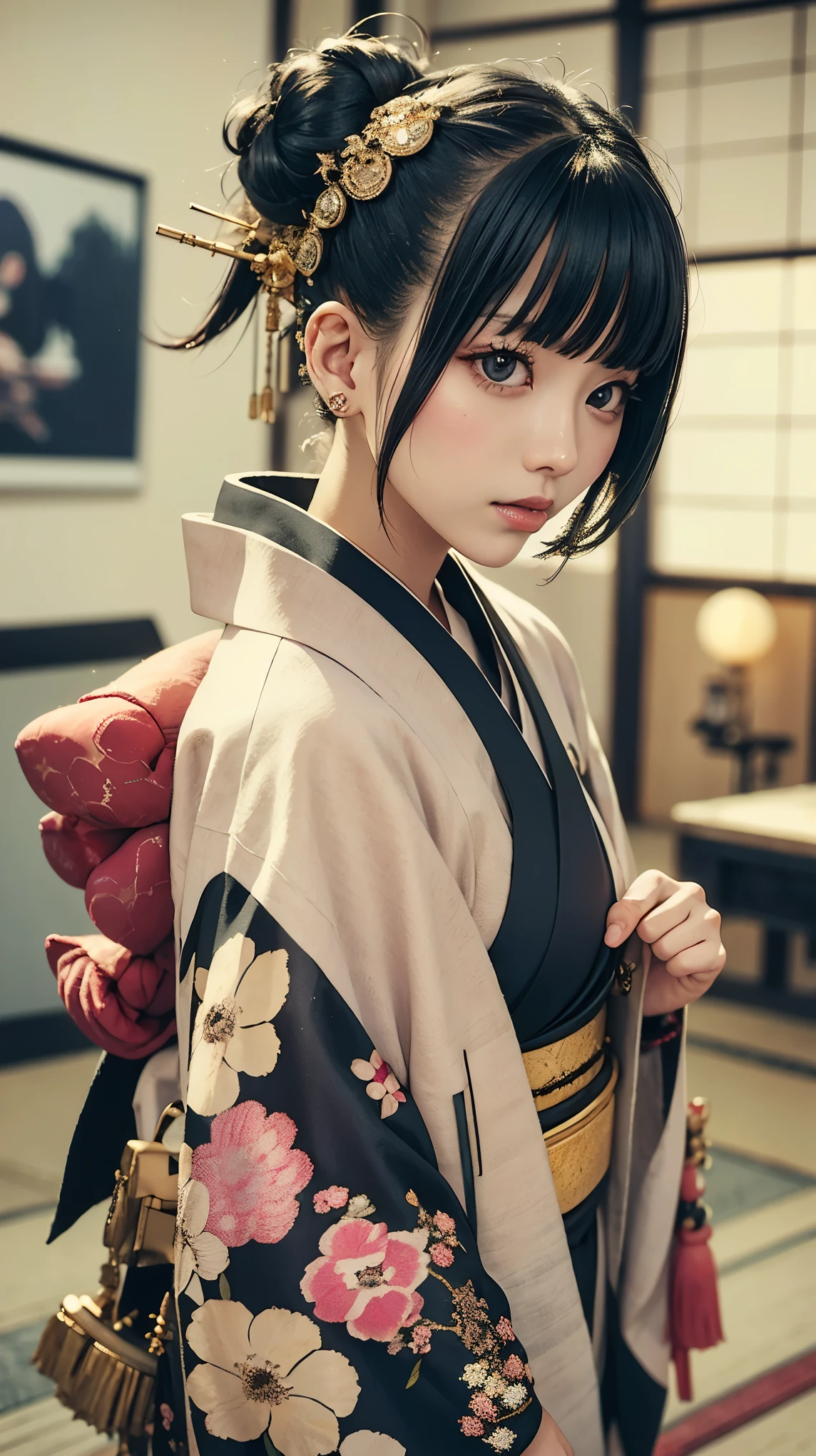masterpiece, Highest quality, A solemn Japanese-style room with tatami mats, A large photograph of a woman from head to waist, Face from an angle, Chain-themed accessories, (Punk rock kimono, black地に赤+gold:1.3), (black+passion pink hair color, Mid-length hair, Bun Hair), (blackい瞳, Sparkling eyes), (Lots of eyelashes)