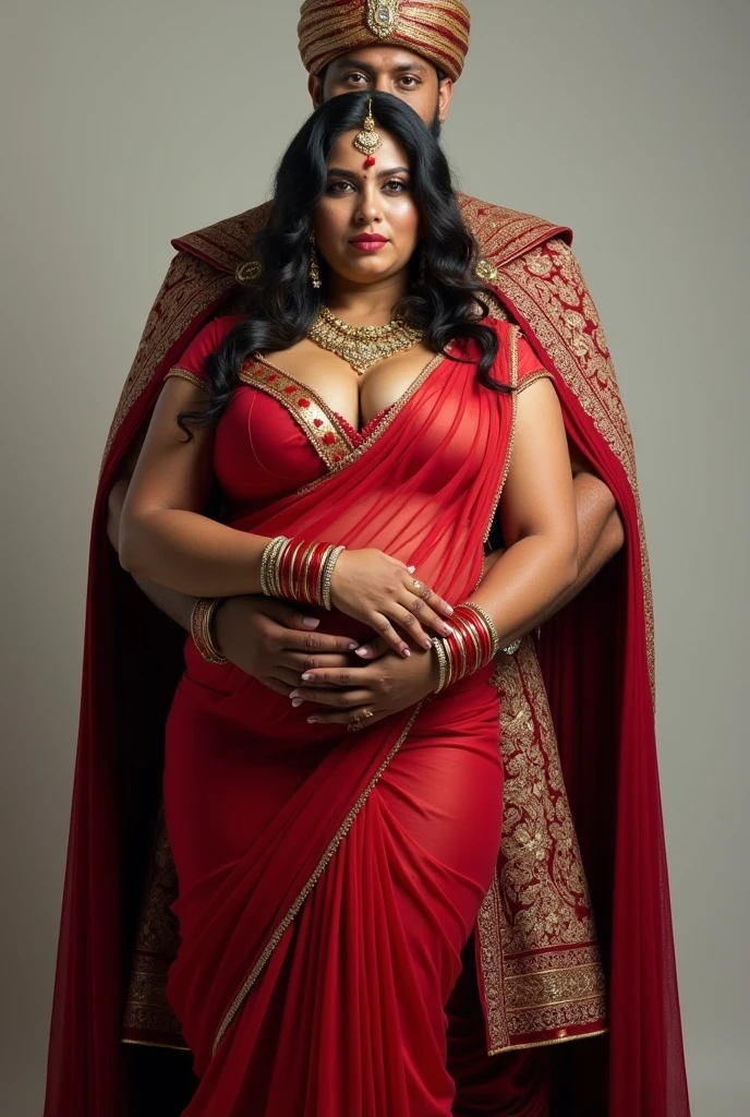 Indian Sexy Curvy milf Indian queen,with big boobs,big ass ,chubby face ,red mini transparent saree,Red Sindur ,Red bindi , Honeymoon red bangles,Stud chain earrings,Forehead Pendant ,Long gold Mangalsutra,4 gold Necklace, Diamond ear pin ,Gold Armlet,gold waist chain ,full photo, carry by a black muscular Muslim King ,Ruler , wearing a king costume ,on his Arm  ,both are looking straight to camera for pose