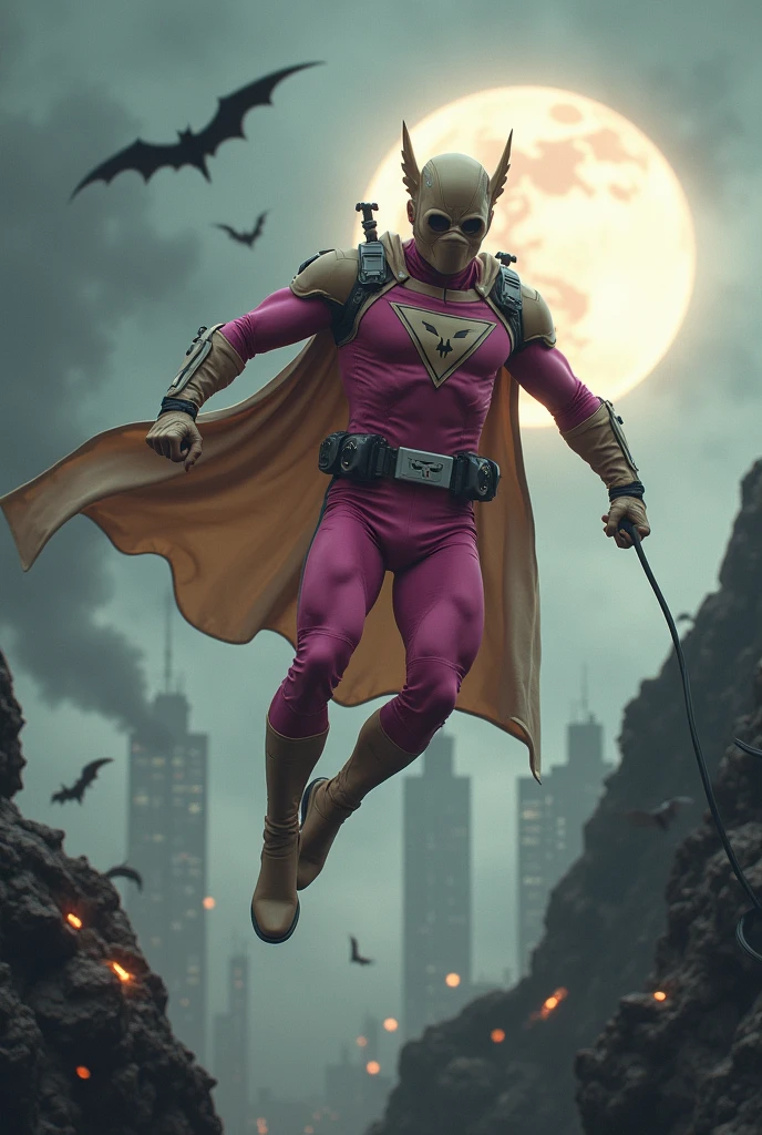 Malaysia man in high-tech suit, vivid effects, malaysian superhero (KELUANG MAN)(( in a striking pink and beige costume cyberpunk design, mask small mini bat ear beige, daredevil beige mask, ))jumpsuit dark pink stands confidently in a dramatic.jumping from high place.hero costume.one hand rise up. Big triangle logo on the chest.high detail Punisher logo on the chest. Fighting pose , stormy landscape. ((Head covered node guard like batman. Running pose , athletic body type, small mini ear bat mask))The character wears domino mask a helmet with pointed mini torn ears and a flowing cape biege, open nose and mouth. Equipped with visible futuristic weapons on a belt,bullet proof jacket pink dark day.show fingers pose, dark night, big supermoon effect . Small logo on chest triangle shape small punisher logo center(( skull triangle Casey Jones mask shape logo)) center on chest pink logo mini logo . rocky. Building top.smoke ground.((jumping from the building Man hangging on the black rope)) , bomb effect background, losse pants, losses costume.adding to --ar 3:4 --style raw --stylize 500 --v 6.1. chaos. Lot of small flying bat. One leg on the high stone. Man. Wear hologram watch.. Real man age 40 year old. One hand holding belt.one hand holding black rope hanging on building. Big pant pink. Beige cape joodie.(( Loose pant)) , jump on high building)marvel , X-Men.