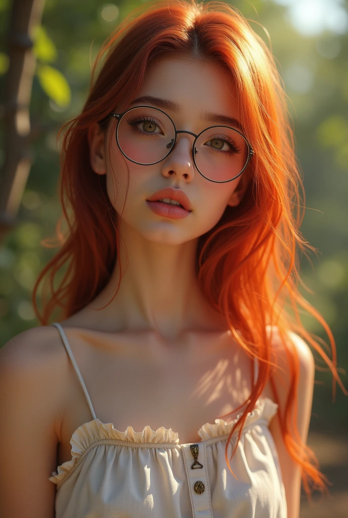 Generate a young red-haired brown-haired teenage woman with pinkish white skin with round glasses and a beautiful and youthful 1 model&#39;s body where her ass and vagina are noticeable and her beauty is noticeable, her facial features and her reality that is very real. 