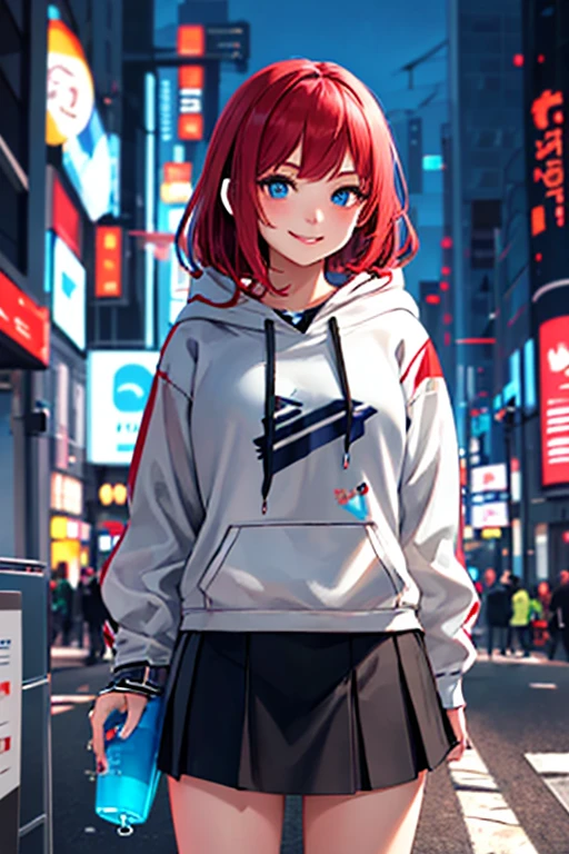 high quality, subsurface scattering, chromatic lighting,
colorized, red + white limited color palette, 
detailed concept drawing,
Shibuya street girl, cyberpunk, futuristic,
portrait, 20yo 1girl, medium soft breasts, slender, hoodie, skirt, long red hair, blue eyes, smiling