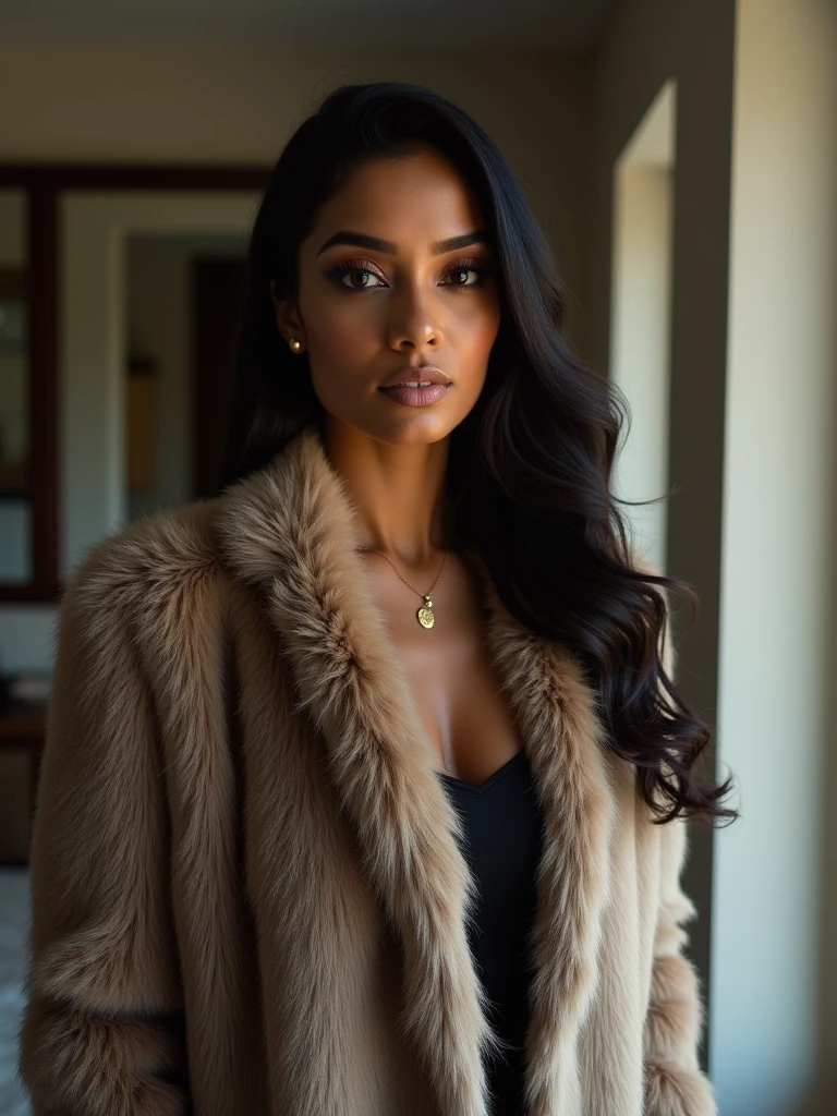 Savita, an Indian woman with flawless glamour makeup, stands confidently in a long fur coat left open to reveal her brand. The scene is set in a bedroom in front of window mirror, with a full-body view captured in a realistic and cinematic style. The image is a photograph executed with impeccable clarity and attention to detail. Savita's striking features are enhanced by the soft lighting, emphasizing her elegant beauty. The composition exudes sophistication and allure, with every element meticulously arranged to create a visually captivating and high-quality image.
