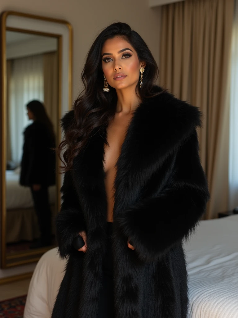 RAW image in sequence,photo of a 27-year-old, ((full body , sexy dress, fur jacket on)), detailed face, Detailed backgrounds are slightly blurred, soft Lights, hdr, realistic photo, professional photo, Flirting with the viewer, Visual sexy, Futurialista, natural skin, 8K UHD, highs quality, Film grain, Fujifilm XT3, midnight, sitted in a sofa inside a club