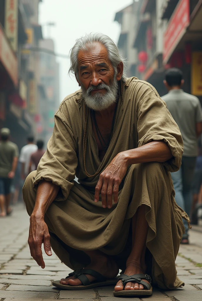a middle-aged Asian man dressed as a beggar