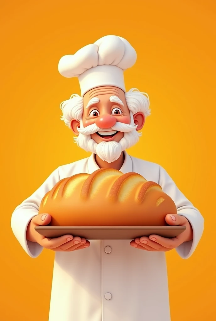 Elderly white man with short afro-style hair in white,with small chef hat and white mustache , Without beard, looking straight ahead in cartoon style on an orange background offering a large loaf of bread