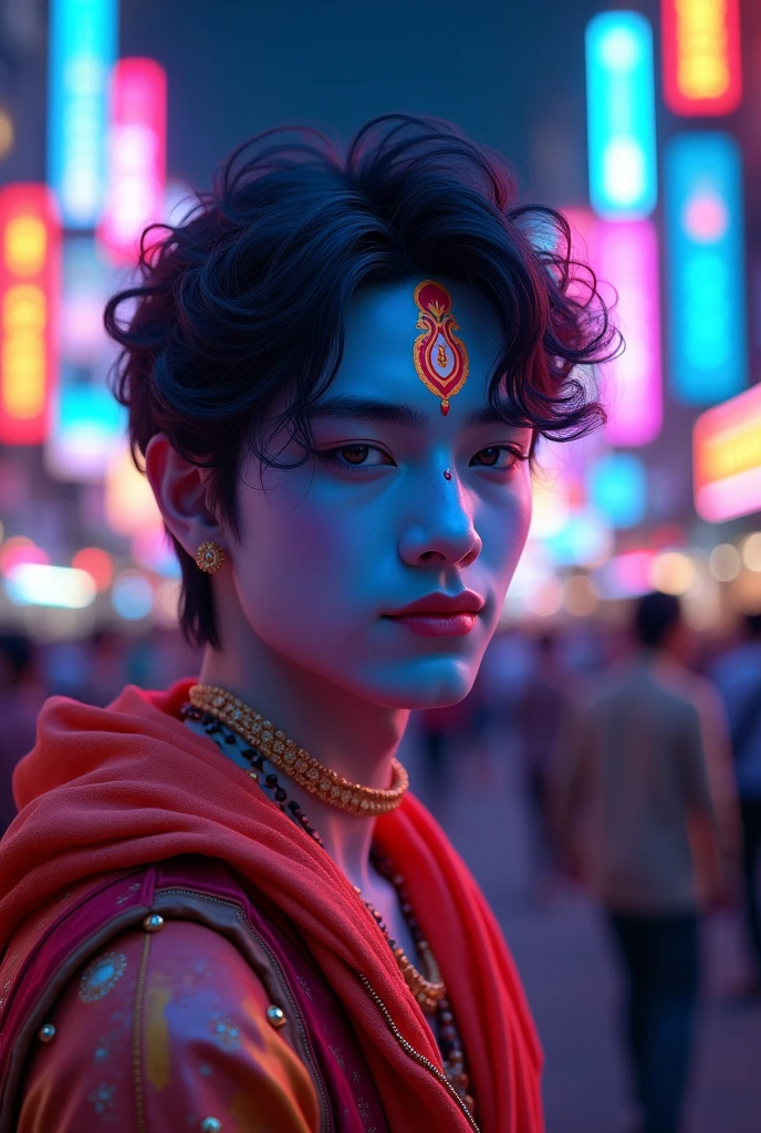 young shree Krishna in neon light mumbai city road with full body nice face and korean
Face 18 year boy no tilak