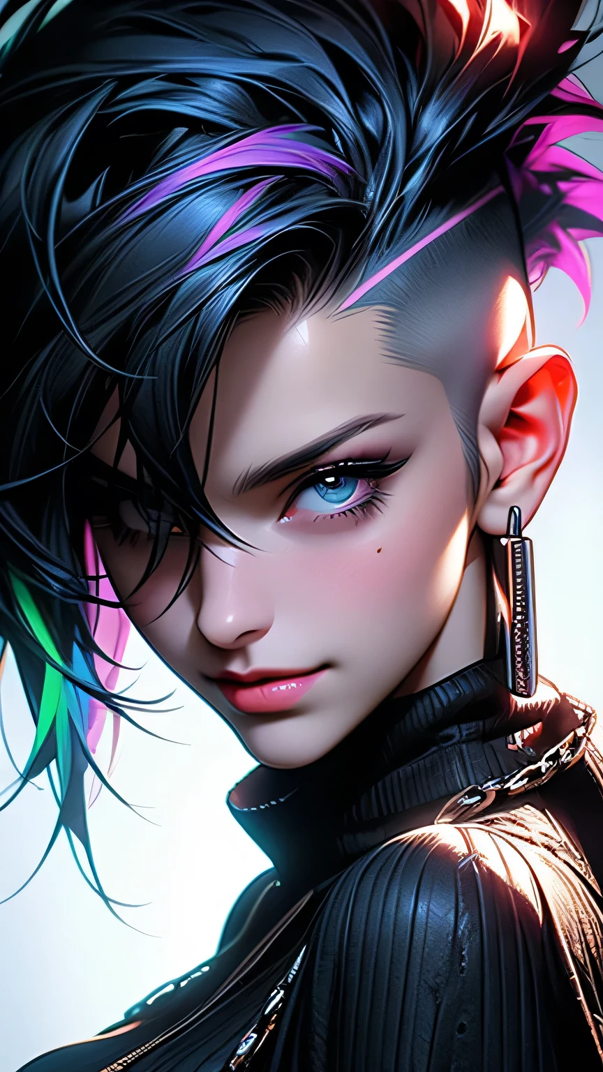 Professional:1.Six models, (最high quality, 4K, 8k, High resolution, masterpiece:1.2), Very detailed, Realist, Punk Style, Punk Fashion, Spiked clothing, Chain Accessories, Rebel Pose, Mohawk Alto, Fancy rainbow hair, (Night forest background), Studio Lighting, Dynamic poses and grace、masterpiece, 最high quality, high quality, High resolution, ((Face close-up)), Face close-up、super big breasts sexy、With a smile