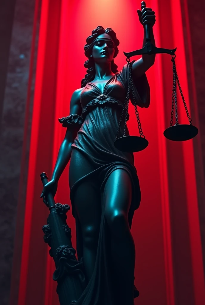 Lady justice statue with black blindfold and red and green neon light's