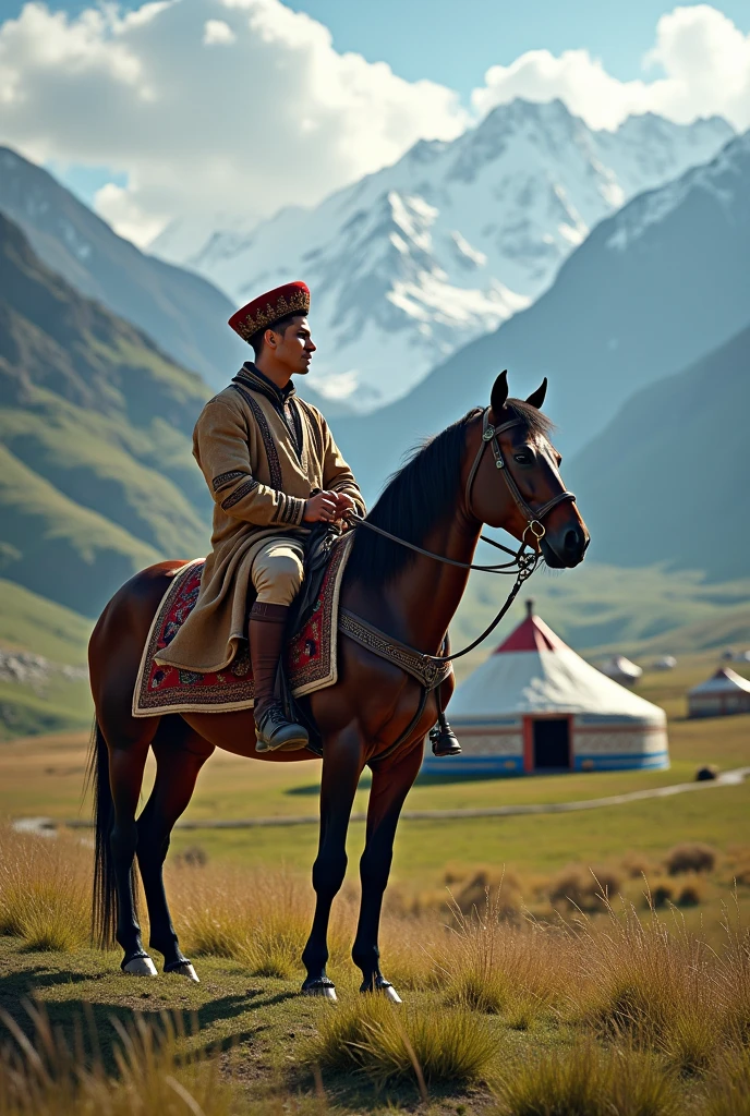 Ronaldo sits on a horse near yurts in the mountains version Kyrgyzstan In Ak kalpak