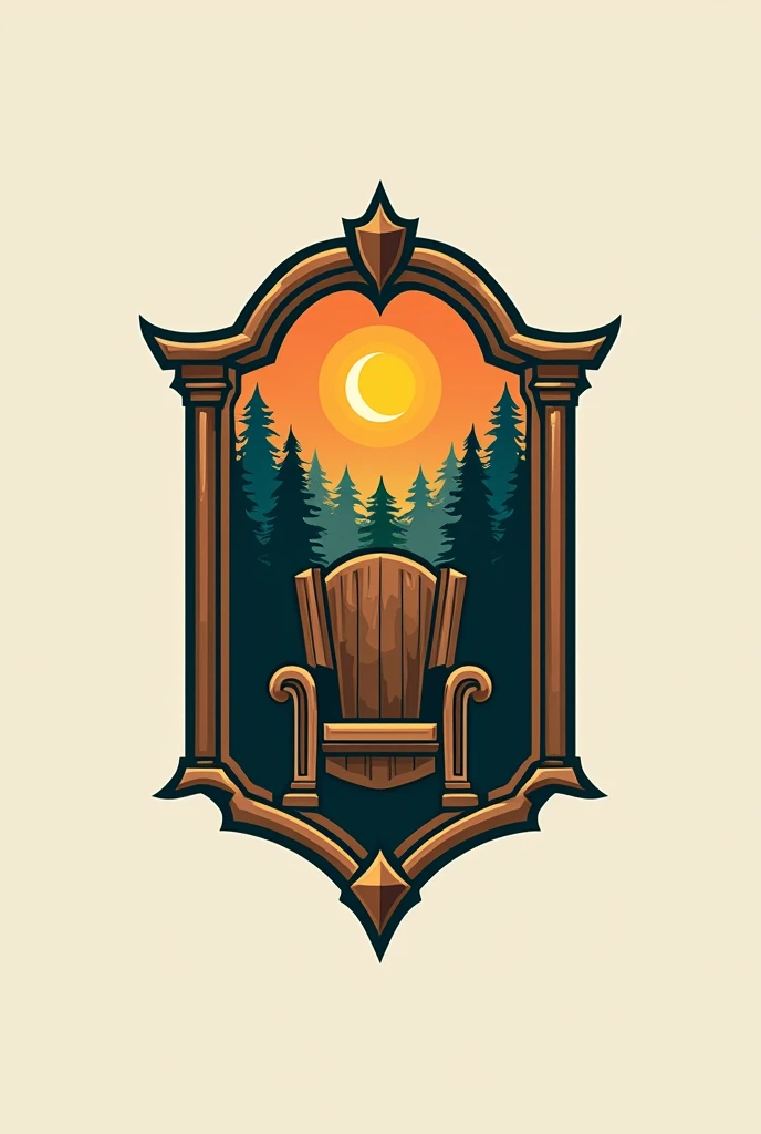 Draw a logo for a furniture workshop in a heraldic frame, diagonally, sun, taiga, in the other diagonal, chair, throne