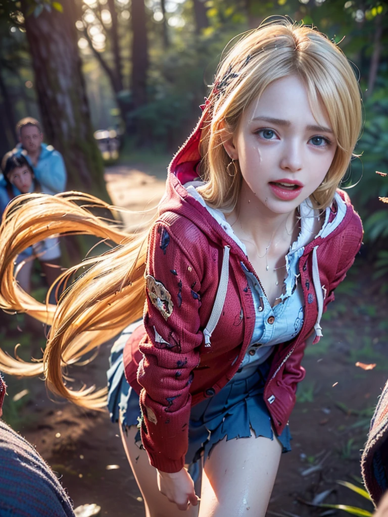 (((masterpiece, best quality))),(((high quality))),(((high resolution illustration))),(((hyper detail))),(((NSFW))),(((Wordsworth's Sharon))),(((Very beautiful long blonde hair))),(((Very beautiful face))), ((((Detailed face)))),(((very beautiful blue eyes))),(((Realistic Skin))),(((her face is flushed))),(((slim body))),(((slim thighs))),(((small breasts))),(((very beautiful slender legs))),(((school uniform, blazer, cardigan, Red jacket, long sleeves,Black pleated skirt, Blue shirt with very detailed and intricate decoration))),(((beautiful earrings))),(((beautiful hair ornaments))),(((in the old dark deep forest:1.2))),(((late at night:1.4))),(((wet her skin))),(((Sharon is crying with tears streaming down her face:1.5))),(((Sharon is desperately running away from hooded men:1.5))),(((torn clothes:1.7)))