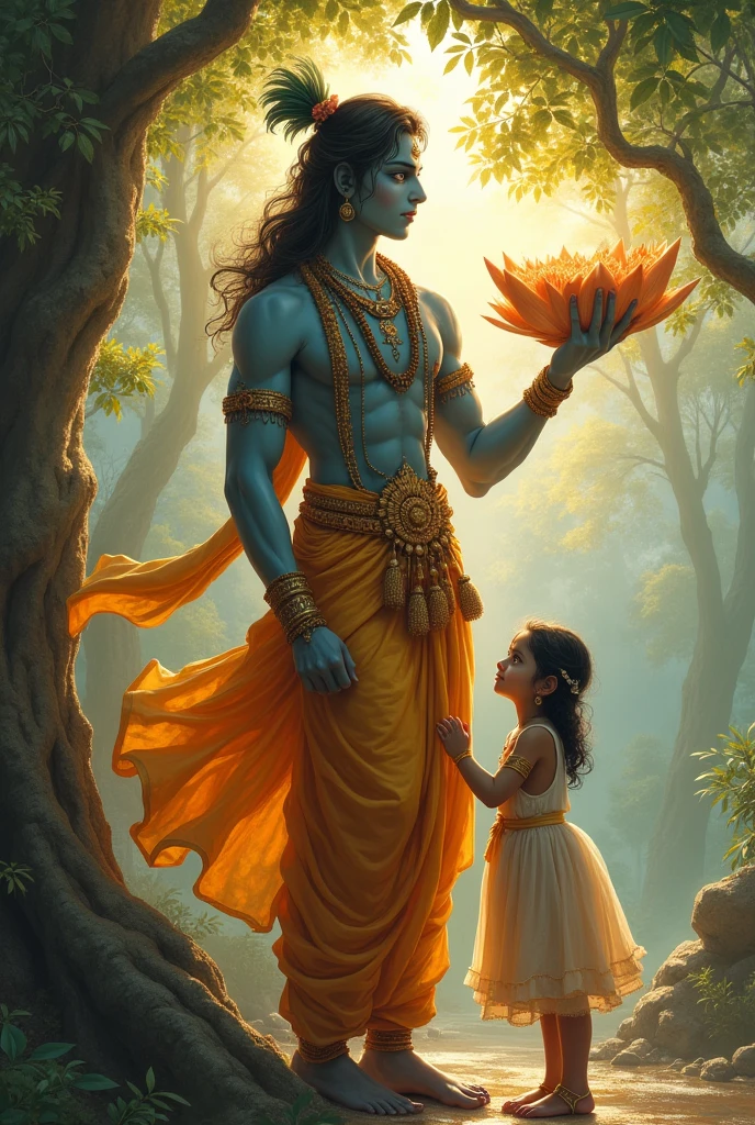 Sreekrishna is saving a girl by providing his big hand over her ,to shelter her.