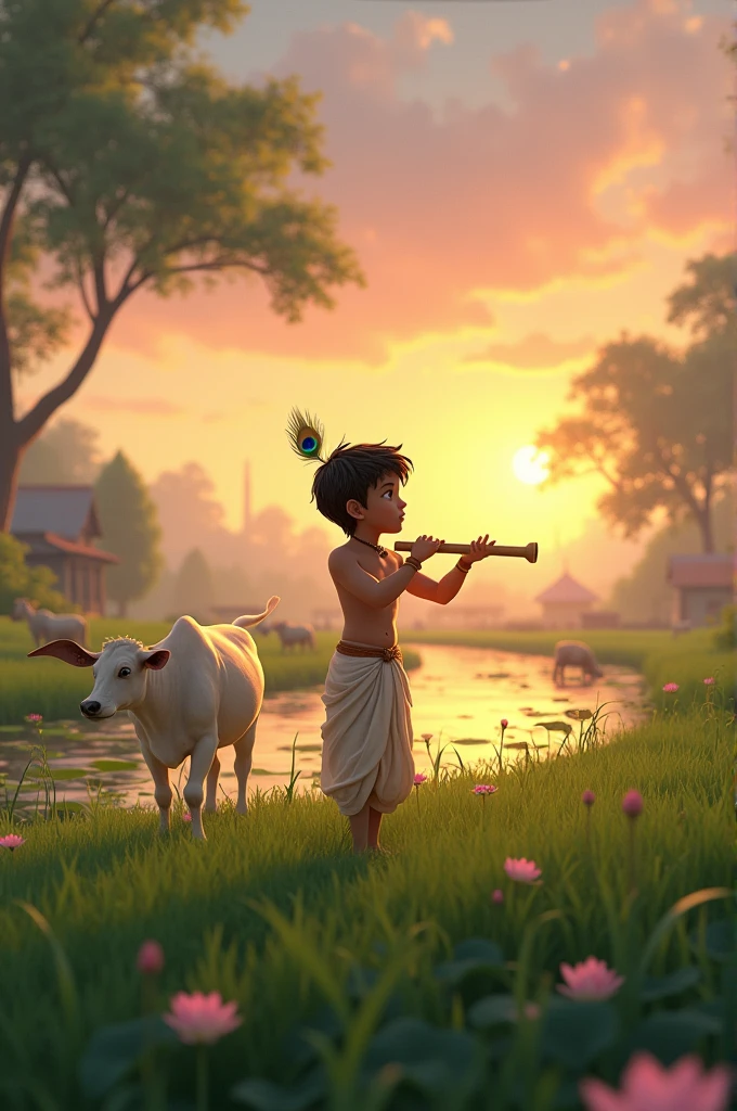 Create a serene rural scene at dusk with a young boy standing in the middle of a green field. The boy is playing a flute, wearing traditional Indian attire with a simple dhoti and a peacock feather tucked in his hair. The background features a calm river with lotus flowers and a distant view of a village. Cows are grazing peacefully nearby, and the sky is painted in soft shades of orange and pink. The overall atmosphere is peaceful and divine, with the boy as the central figure.