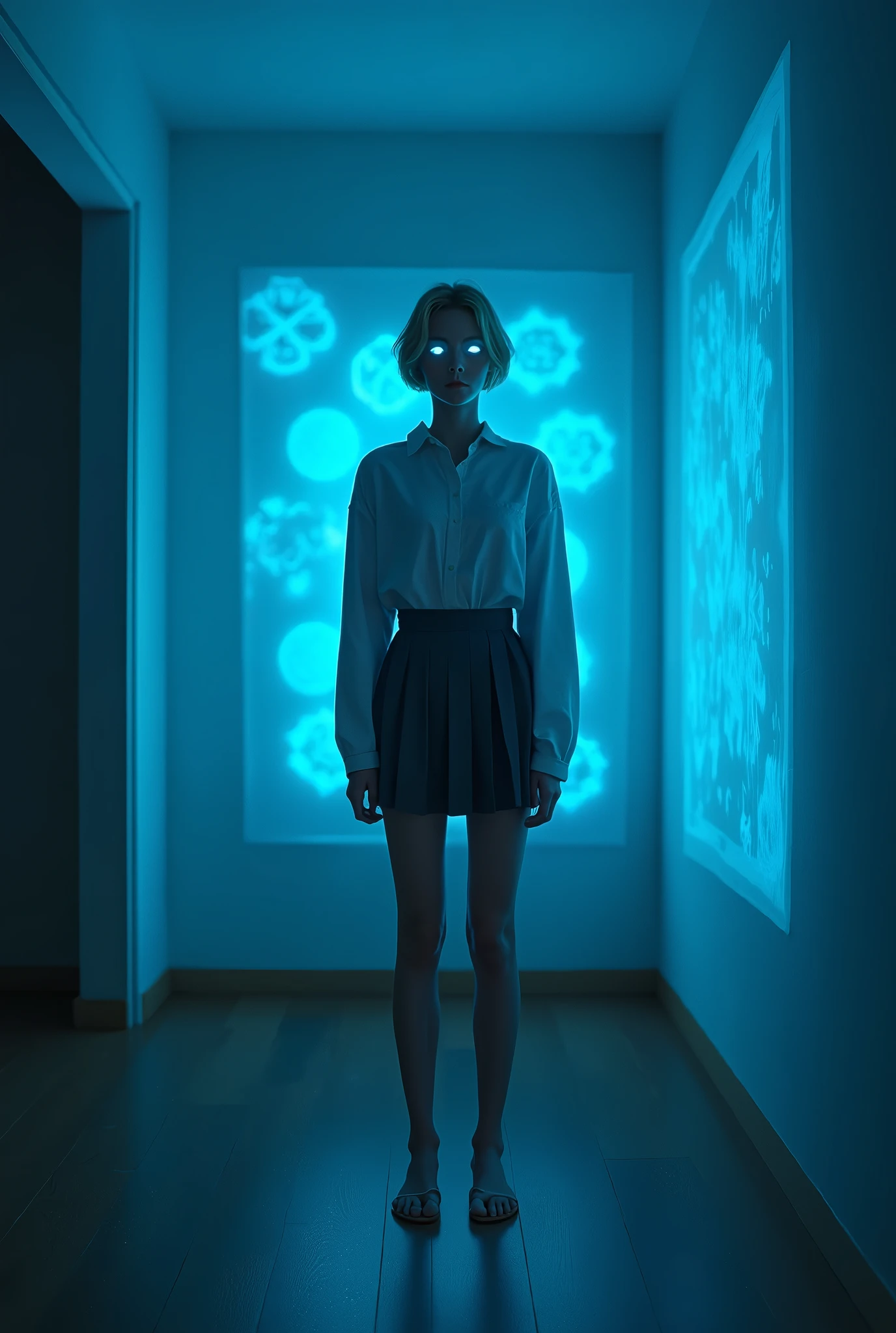 (photorealism:1.2), beautiful woman, swedish, blonde,sad, pensive, assistant, short pleated skirt, 18yo, dark, wooden floor, white ceiling, blue lighting, hologram, projection,looking at camera, short hair, glowing blue eyes, full body