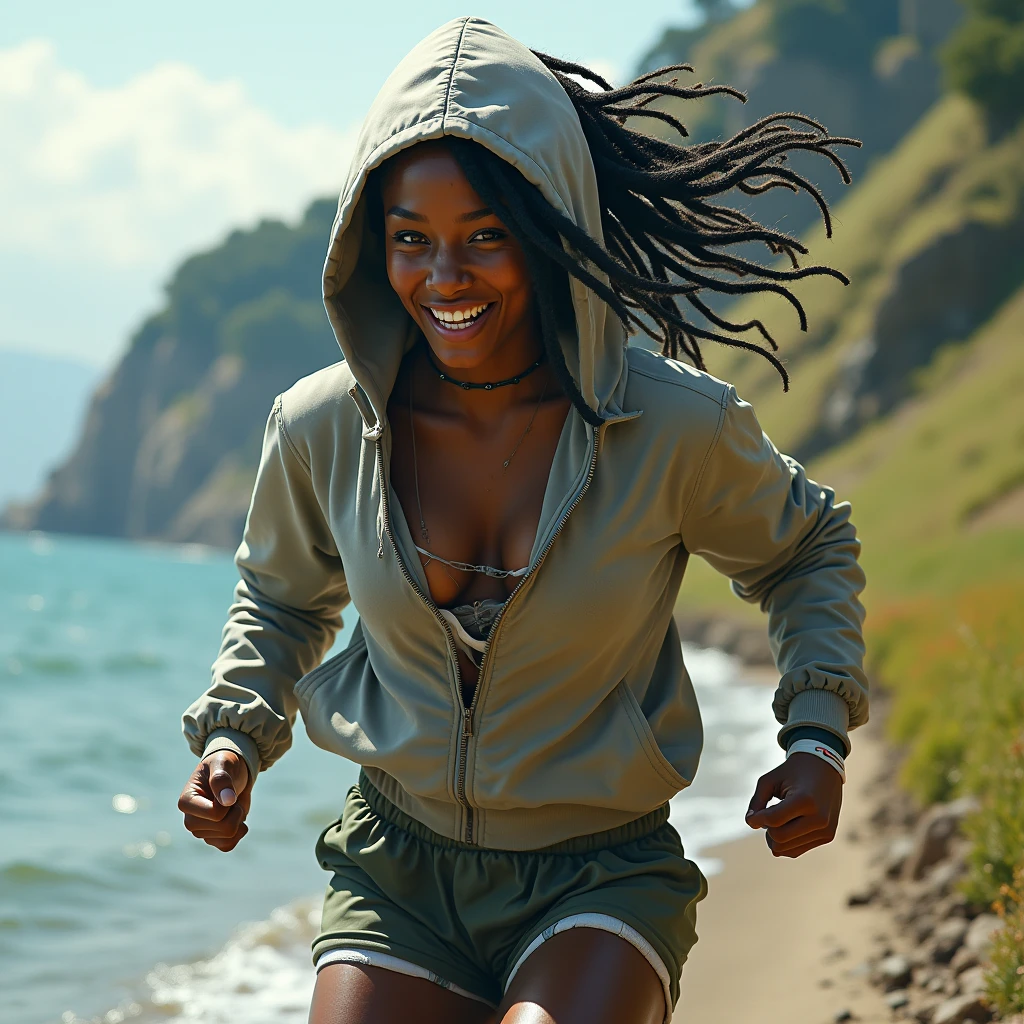 (masterpiece, Highest quality), One person, Ash grey dreadlocks, Small breasts, Cool smile、jogging, punch, Outstretched fist, river, Embankment, Steep grassy slope, Bandaged hand, Hood Cover Head, Hooded jacket, Sports shorts, Sweat, Breathtaking, Wind
