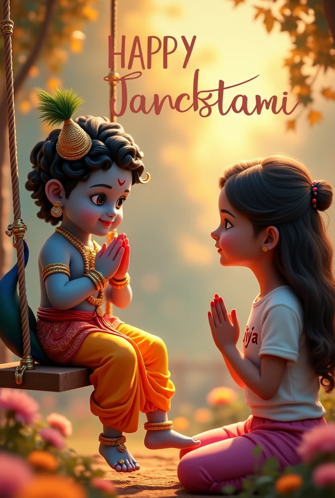 create a 3D realistic picture "A girl is worshiping Shree Krishna and Shree krishna is sitting on a swing and playing peacock and "Jiya" is written on the girl's t-shirts and see clearly full and the girl is worshiping and in the all background "Happy Janmashtami" is written in bold font clearly, make sure everything should be correct