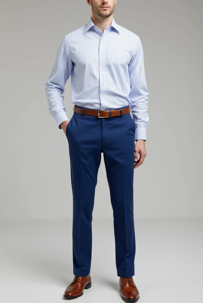 Outfit for men: white shirt with blue vertical stripes, blue pants, brown shoes and brown belt