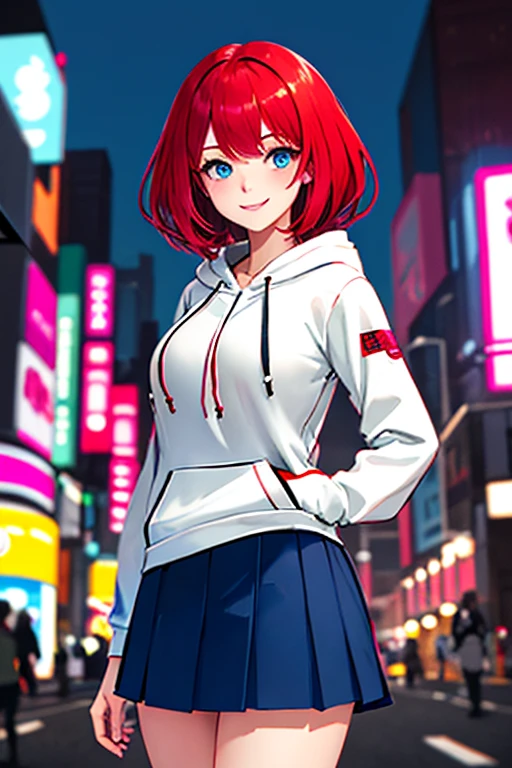high quality, subsurface scattering, chromatic lighting,
colorized, red + white limited color palette, 
detailed concept drawing,
Shibuya street girl, cyberpunk, futuristic,
portrait, 20yo 1girl, medium soft breasts, slender, hoodie, skirt, long red hair, blue eyes, smiling