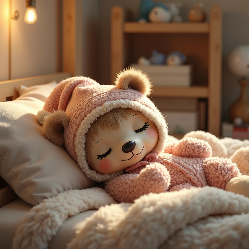 a bear sleeping in a 's bedroom wearing pajamas and a nightcap, realistic, high quality, 8k, masterpiece, detailed fur, detailed facial features, expressive eyes, cozy atmosphere, warm lighting, soft bedding, winter theme, detailed environment, plush toys, wooden furniture