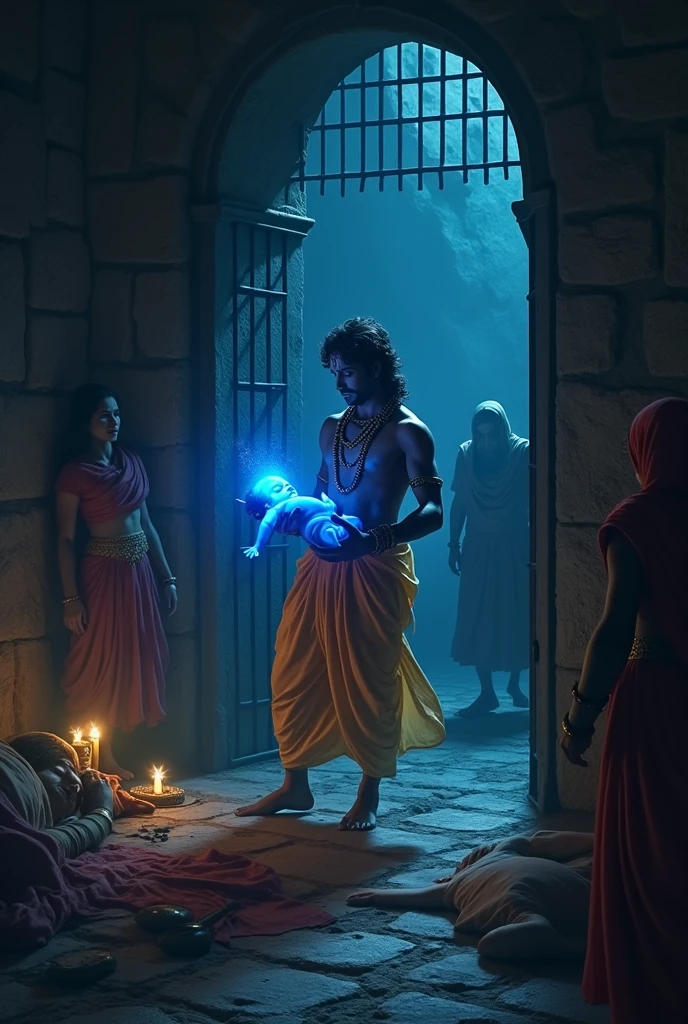 Devki lying in jail after giving birth to krishna and vasudev escaping from the jail with baby krishna in blue colour while guards are sleeping , show that the guards are sleeping 