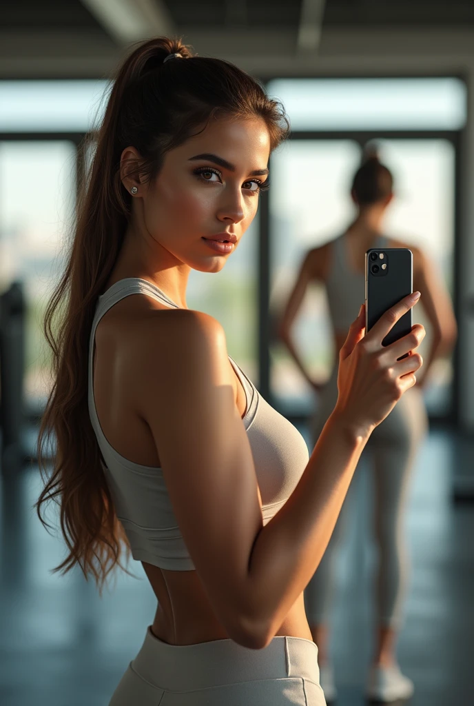 (photorealism:1.2), beautiful pakistani woman wear gym suite trouser long shirt Iphone selfie look infront of mirror stand in gym white skin tone long hair pony tail eyesight glasses 34 figure 