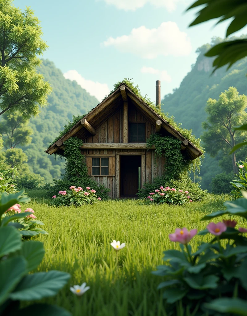 A 3d raw house in jungle grass on walls grassy land plants flowers