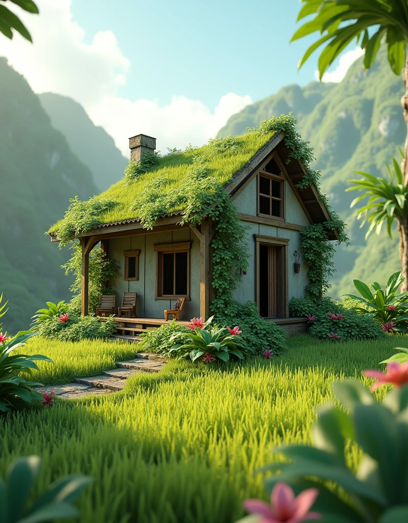 A 3d raw house in jungle grass on walls grassy land plants flowers 