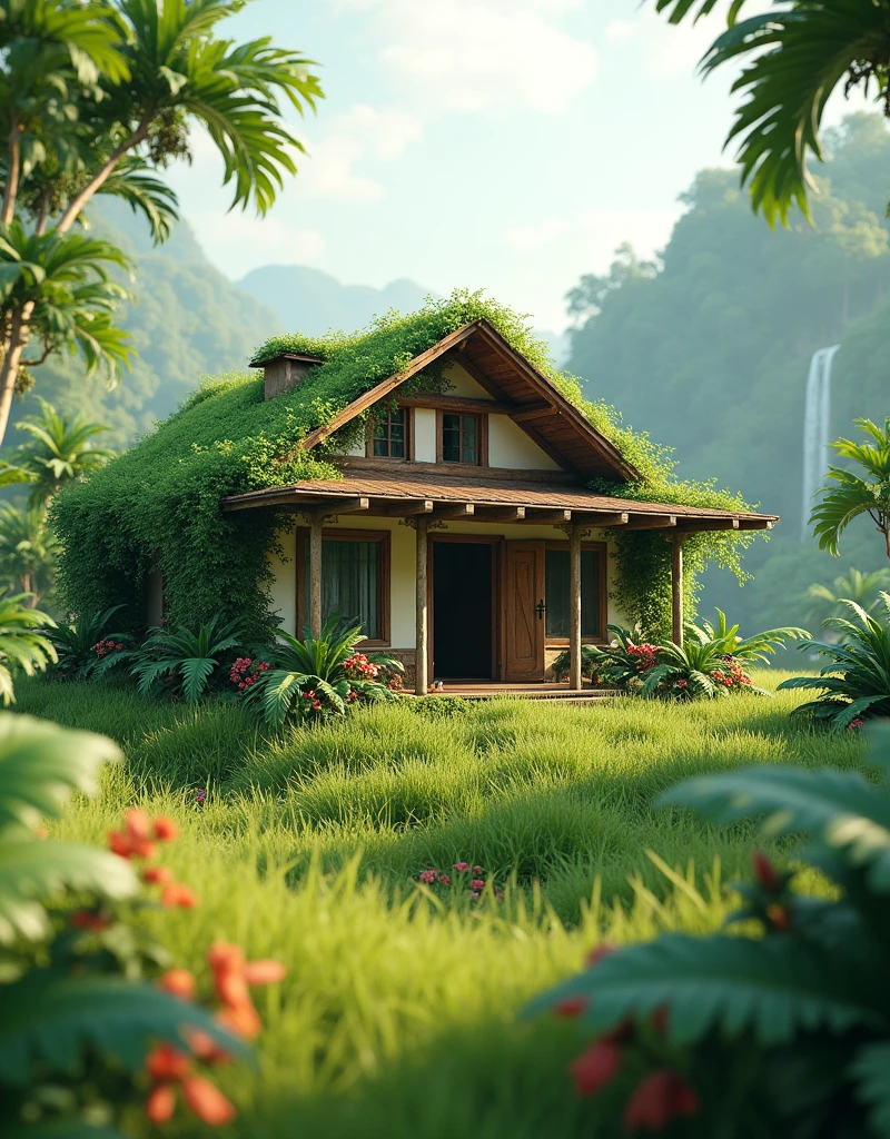 A 3d raw house in jungle grass on walls grassy land plants flowers 