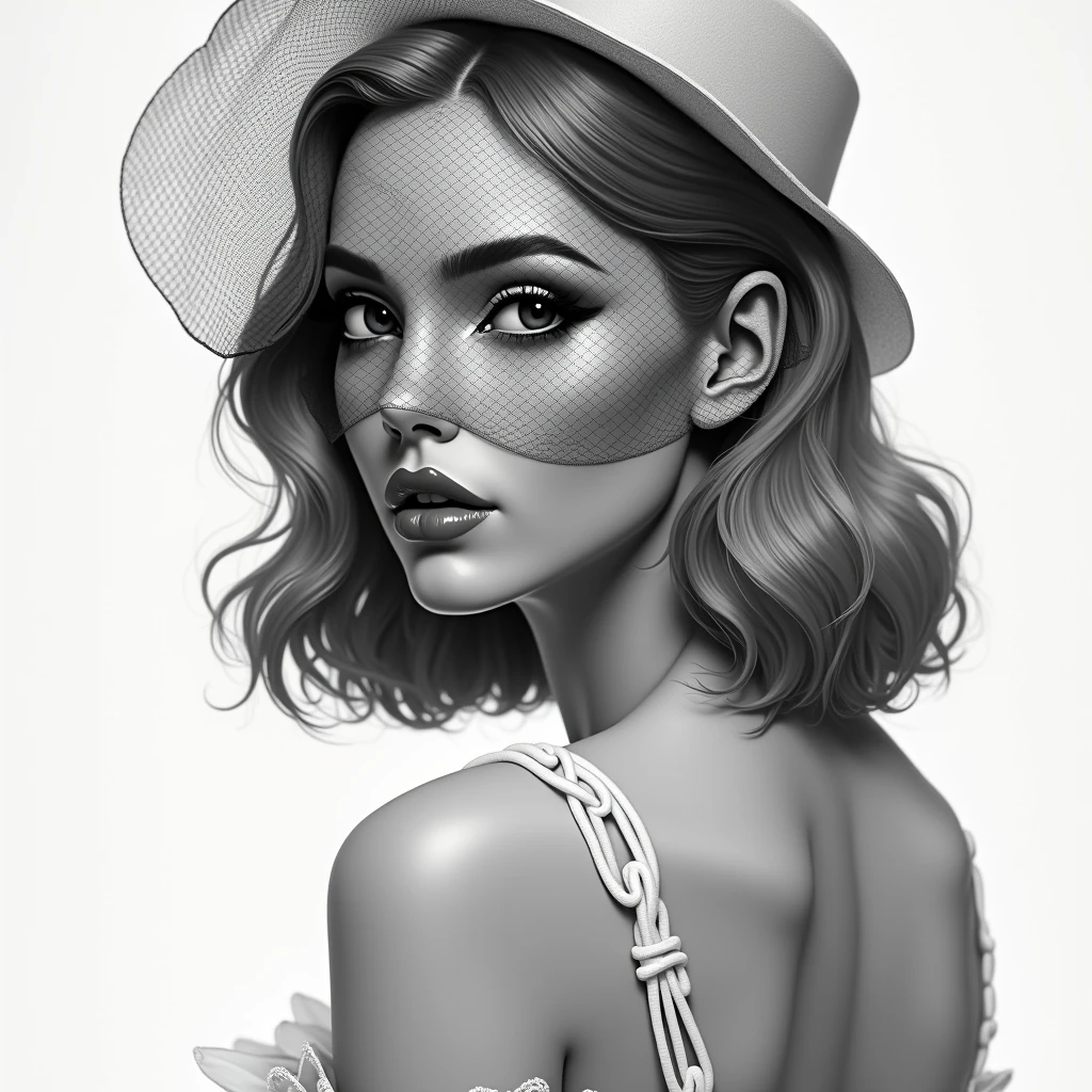 A captivating grayscale illustration by Meg B. showcases a woman with a vintage, elegant style. Her smooth, wavy hair reaches her shoulders, and a netted veil partially conceals her face, adding an enigmatic air. The artist expertly captures her sharp, defined facial features and a slightly turned head that offers a profile view. The light-skinned subject is dressed in a garment that exposes her back and shoulders, further accentuating her allure. The background remains plain, allowing the subject to be the focal point in this stunning piece of art. This conceptual art piece is rendered in 3D, making it a truly unique illustration, poster, and painting., painting, conceptual art, photo, poster, illustration, 3d render