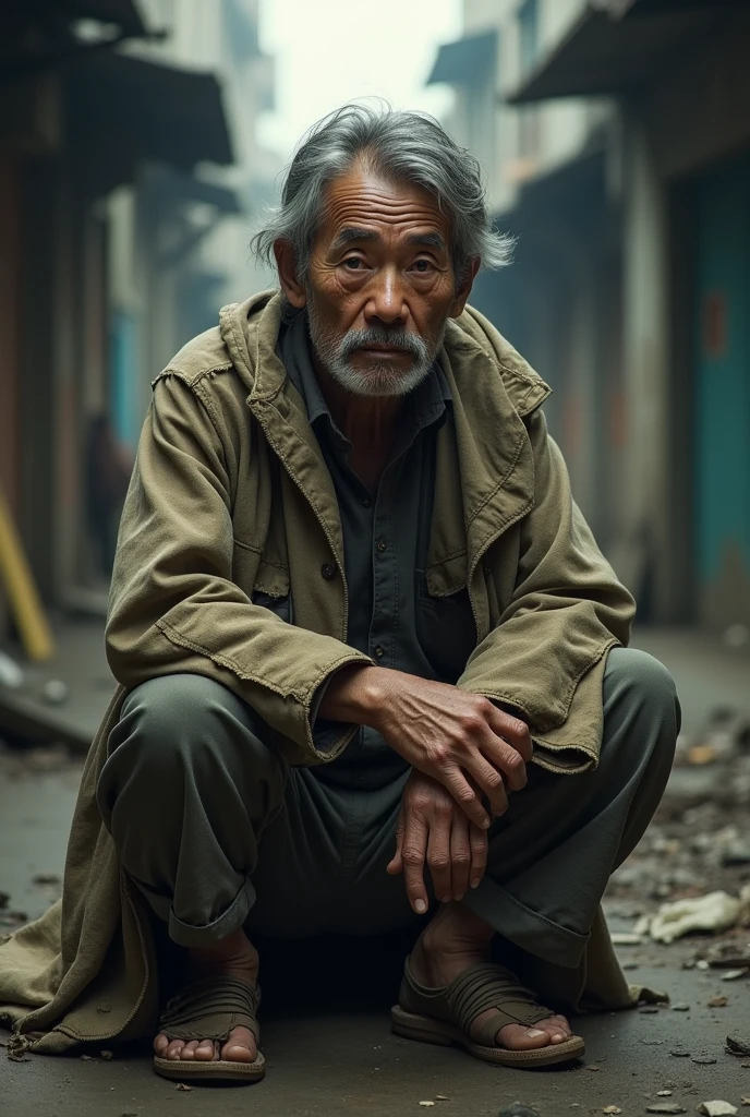 a middle-aged Asian man dressed as a beggar, all dirty and with torn clothes