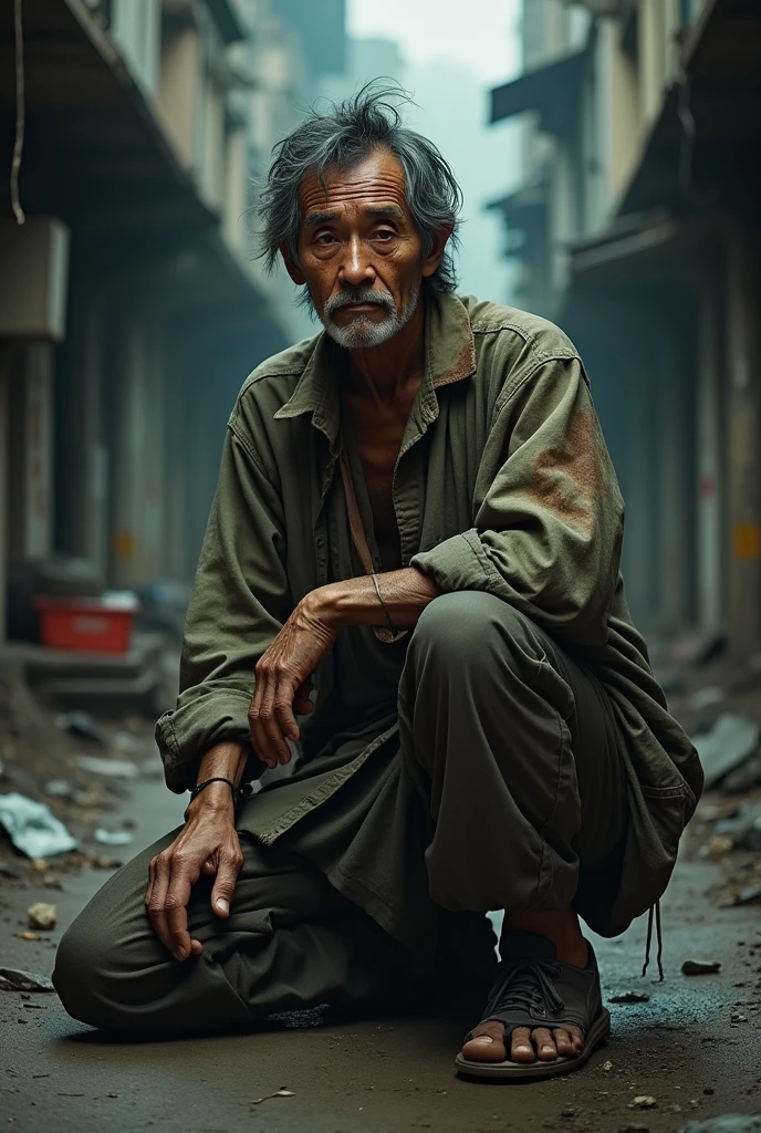 a middle-aged Asian man dressed as a beggar, all dirty and with torn clothes