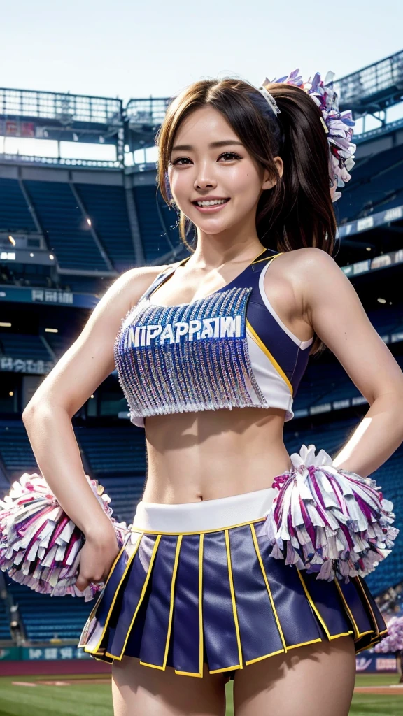 ((Highest quality、8k、Photographic realism:1.4、masterpiece))、Backlight、Highly detailed female face texture、　Lovely Japan Lady、1、(((Nippon Ham Fighters Cheerleaders:1.2)))、((Stadium Background:1.2))、Raise your arms、Angle shot from below、super fine muscle、Beautiful Makeup、Delicate eyes、Laughter、Open your mouth、（Big and round breasts）#100: Shiny brown ponytail、Sculpture Pose、Show your ass、Large Breasts, Showing cleavage