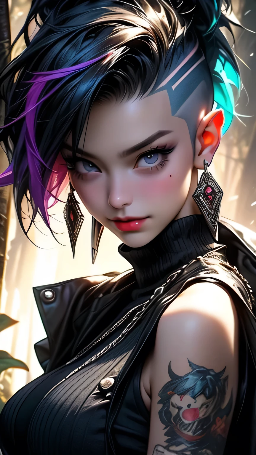 Professional:1.Six models, (最high quality, 4K, 8k, High resolution, masterpiece:1.2), Very detailed, Realist, Punk Style, Punk Fashion, Spiked clothing, Chain Accessories, Rebel Pose, Mohawk Alto, Fancy rainbow hair, (Night forest background), Studio Lighting, Dynamic poses and grace、masterpiece, 最high quality, high quality, High resolution, ((Face close-up)), Face close-up、super big breasts sexy、With a smile