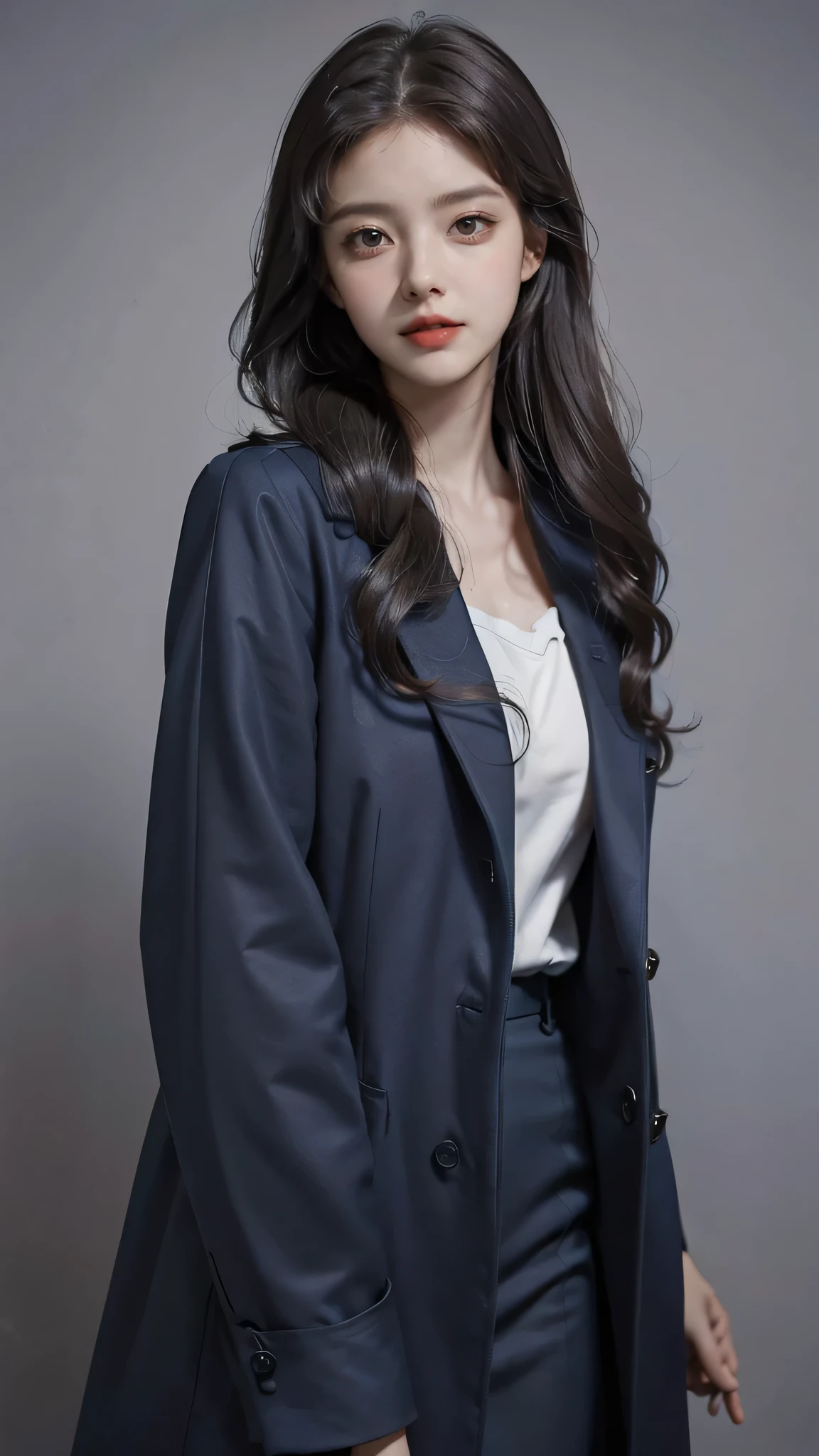 Girl wearing, luxury navy blue coat, shoulder length hair, wavy hair, glowing skin, star in eye, red lips, grey  background, cute poses 