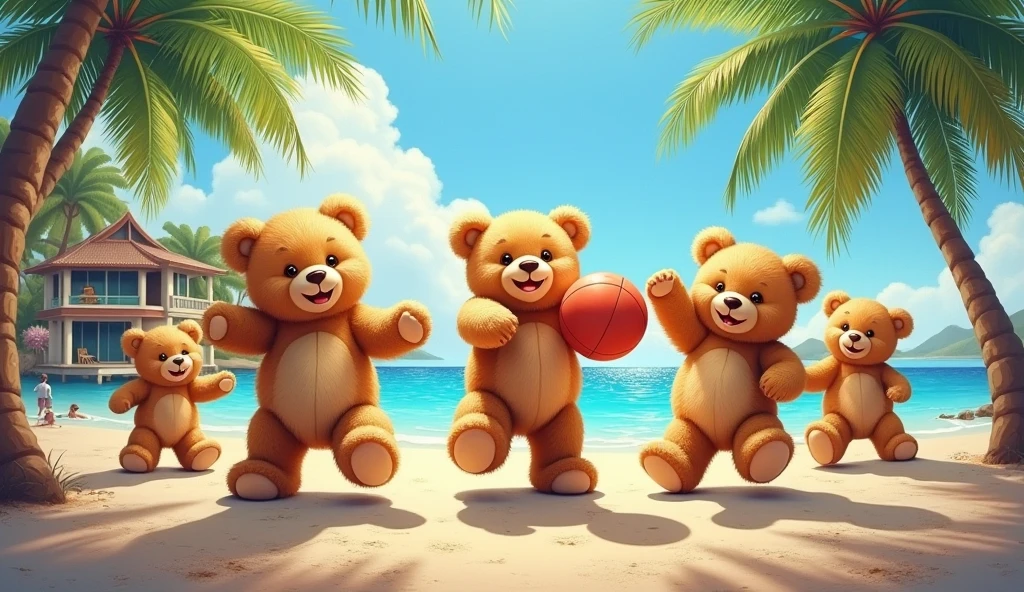 Teddy Bear Plays Ball with Other Teddy Bears, Beach Beautiful Fur Shines, restают Медведи Купаются, Lots of Bears, Large Wide Format Painting, dynamic shadows, Warmth, Sun Shines, Punches, sea breeze, fun, rest, joy, All is well, Bungalow buildings are visible, palm trees,