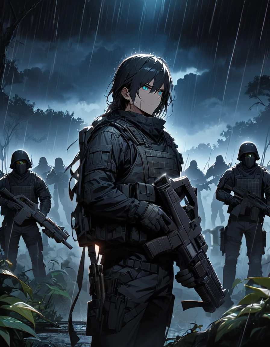 Masterpiece, best quality, 1 man, A 30-year-old man, Focus Man, alone, alone focus, black hair, Turquoise eyes, Black bulletproof vest, Mercenaries, (Holding an assault rifle),M16 A4, Standing position, Standing positionยิง, Battlefield backdrop,jungle, Dark theme, Overgrown forest, Diffused light, rain, Moonlit clouds, War zone, serious, A solemn face, Hazardous atmosphere.