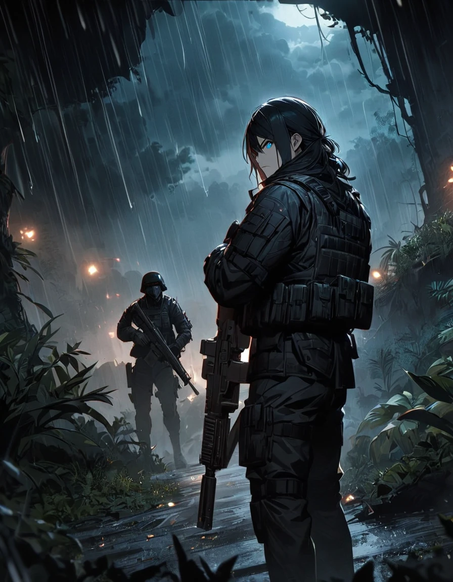 Masterpiece, best quality, 1 man, A 30-year-old man, Focus Man, alone, alone focus, black hair, Turquoise eyes, Black bulletproof vest, Mercenaries, (Holding an assault rifle),M16 A4, Standing position, Standing positionยิง, Battlefield backdrop,jungle, Dark theme, Overgrown forest, Diffused light, rain, Moonlit clouds, War zone, serious, A solemn face, Hazardous atmosphere.