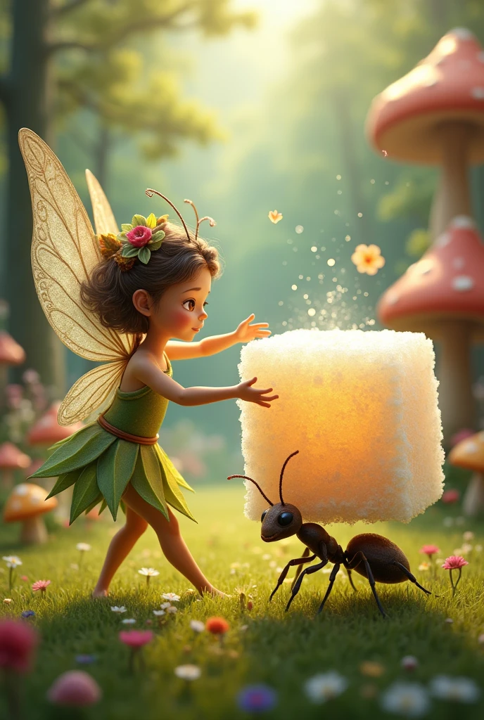 A vibrant, miniature fairy with delicate wings fluttering alongside a determined ant, both focused on a shared endeavor. The fairy, adorned in a dress made of soft petals and leaves, her hair a wild tangle of morning dew, extends a slender hand to gently balance a block of sugar that is twice her size. The ant, with a shimmering carapace reflecting the warm sunlight, tirelessly pulls at the sugar with its strong mandibles, its tiny legs straining against the weight. The block of sugar, a crystalline wonder, is a stark contrast to the rich, emerald-green grass and colorful wildflowers that carpet the ground beneath them. In the background, a whimsical forest comes to life with curious creatures peeking out from behind mushroom homes, watching the duo with wide eyes and playful smiles. The scene is bathed in a soft, golden glow, suggesting a serene afternoon in a magical world where even the smallest of creatures can achieve great feats with a touch of fairy magic and friendship.