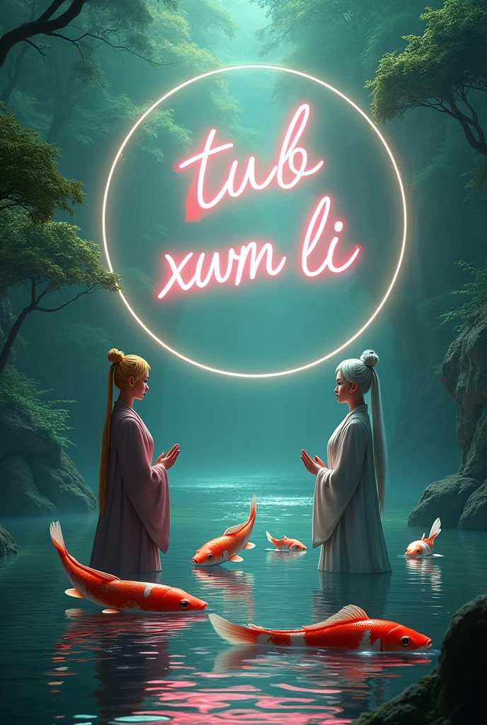 Large neon sign in the center reads "Tub xwm li ", Koi fish, Emperor species Golden hair, silver hair, paying respects in the natural river.
