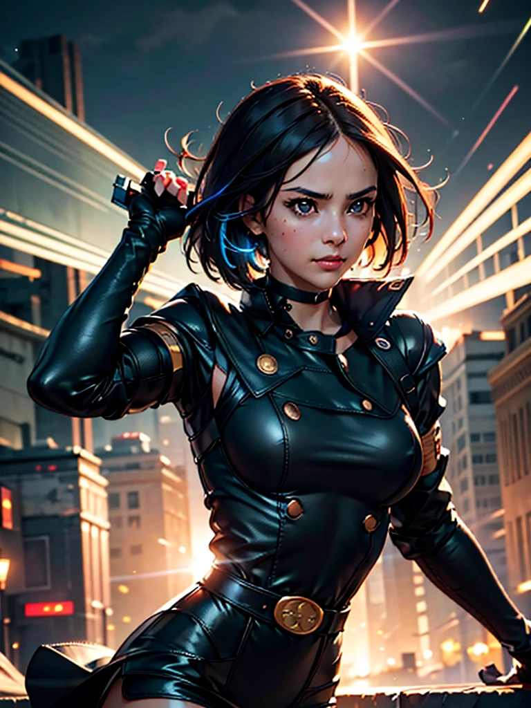 (at night), in a video game scene in the background of a beautiful city at night, raining, alone, standing looking straight ahead, military green military clothing, black gloves, semi-short hair, ((semi-short hair) short)), 1 girl, 30 years old, young woman, perfect hands, Beautiful fingers, Beautiful long legs, Beautiful body, Beautiful nose, Beautiful character design, perfect face, looking straight at the viewer with a serious and very upset gesture, brings grabbed a whip in his black hand (focusing on his face), closed mouth, light_smile, official art, extremely detailed CG unity 8k wallpaper, perfect lighting, bright and colorful front lighting, glowing skin (masterpiece: 1.0) , (Best_quality: 1.0), ultra High resolution, 4k, ultra detailed photography, 8K, hdr, High resolution, Nonsense:1.2, Kodak portrait 400, film grain, Background blur, bokeh:1.2, Lens flare, (vibrant_color :1.2), professional photography, (Beautiful, breasts: 1.4), (Beautiful_face: 1.5), (narrow waist),