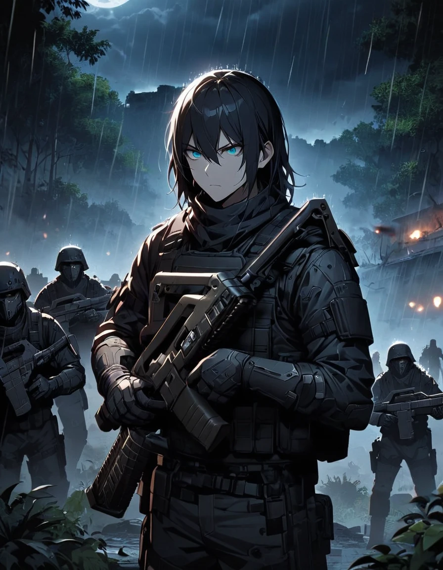 Masterpiece, best quality, 1 man, A 30-year-old man, Focus Man, alone, alone focus, black hair, Turquoise eyes, Black bulletproof vest, Mercenaries, (Holding an assault rifle),M16 A4, Standing position, Standing positionยิง, Battlefield backdrop,jungle, Dark theme, Overgrown forest, Diffused light, rain, Moonlit clouds, War zone, serious, A solemn face, Hazardous atmosphere.