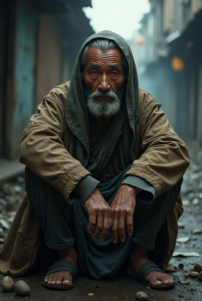 a middle-aged Asian man dressed as a beggar, all dirty and with torn clothes and a sad face