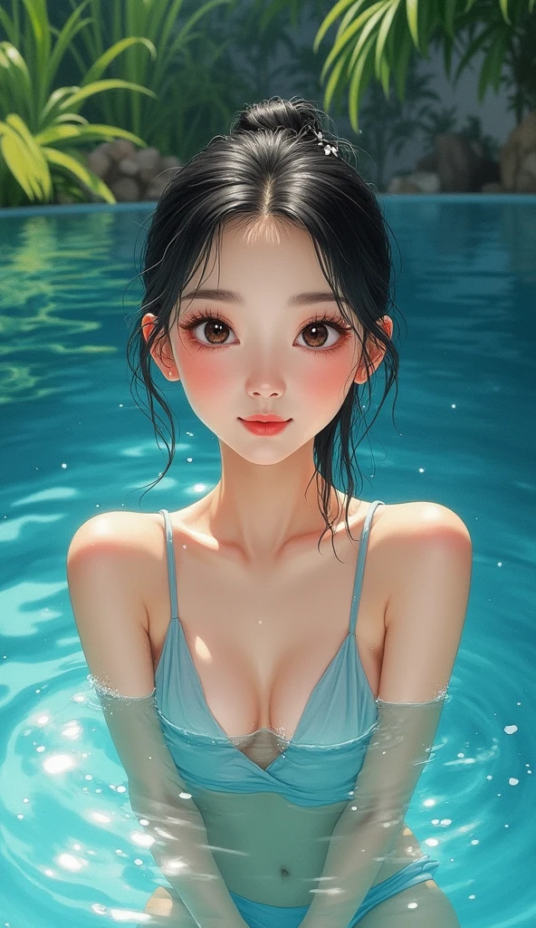 Cute Korean girl in the pool, dark blue, realistic watercolor illustration, beautiful detailed eyes