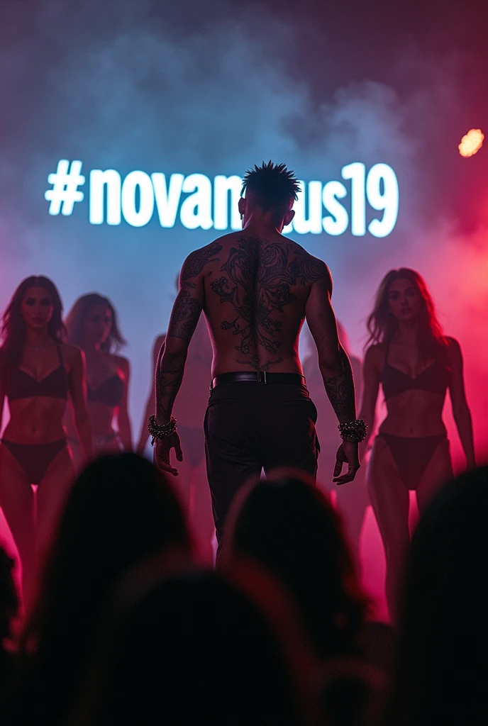 Create an intense scene featuring a renowned rapper or famous musician who exudes a sexually appealing, dark, and enigmatic aura. He is on stage, surrounded by an entourage of glamorous women. His body is covered in striking tattoos, enhancing his menacing and seductive presence. The atmosphere is charged with energy as his Instagram ID, "NOVANEXUS19," is prominently displayed on a massive screen behind him, further amplifying his larger-than-life persona.