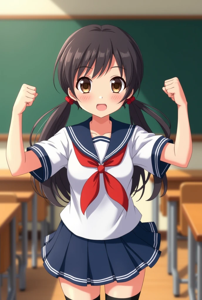 Anime Style, One Girl, The girl is making a fist pump with both hands in front of her chest, Tuck your arms in,
The girl is leaning forward slightly.,
Smiling with a proud look,
The girl is wearing a white sailor suit with short sleeves and a navy collar, with a blue ribbon., Wearing a navy blue skirt,
Wearing black high socks, Wearing white slippers.
Her hair is very long and black, with low twin tails and red ribbons..
Not high pigtails, Not half-up,
Late teens, Small breasts, Has dark brown eyes.
classroom, indoor, School Chair, School desk, There is a blackboard,
Daytime, summer.
Angle from the front, Slightly from above, Your face is close to the camera,
facing viewer, close up face, upper body, solo focus, feet out of frame, focus on face,
not full body.