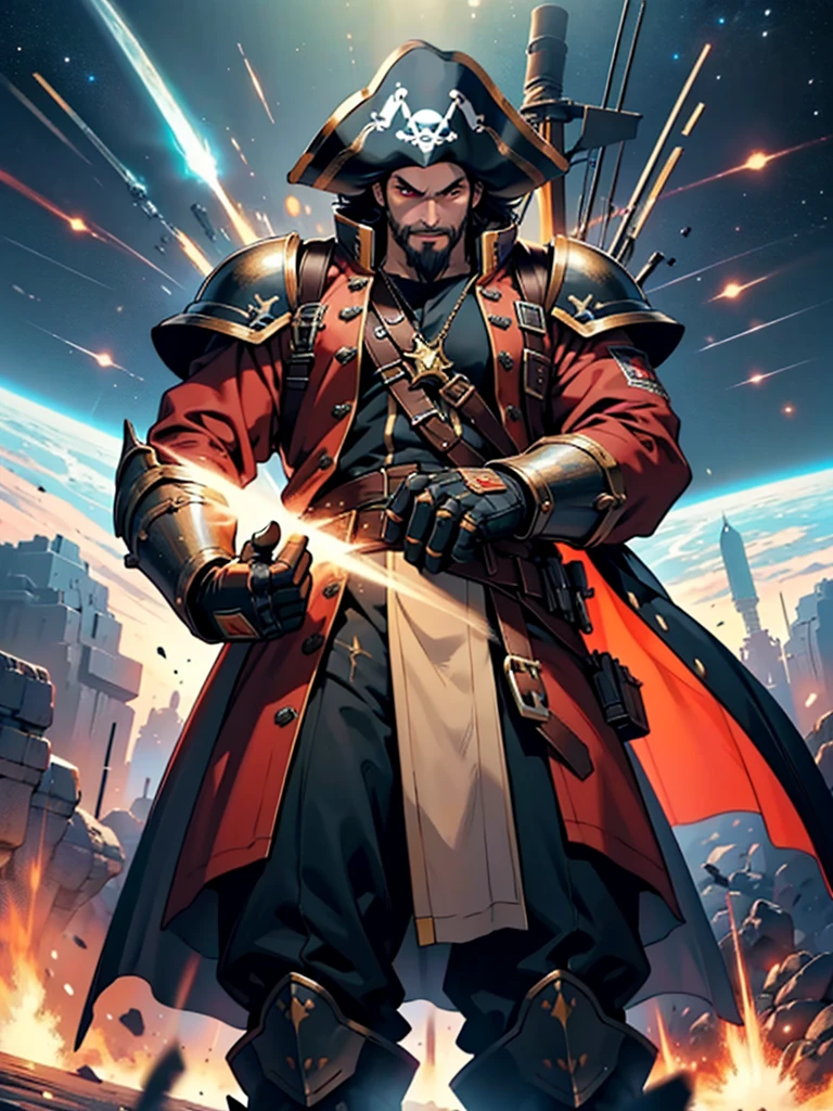 Space action movie poster. Best quality, masterpiece, a high resolution, One, One focus, 1 boy, mature man, black hair, Red eyes, (perfectly drawn face), facial hair, Smirks, (Long sleeves, Pirate Costume, pirate hat, Pirate boots), space background, standing on the wheelhouse of a space pirate ship, V-shaped eyebrows, Evil grin, There is a space battle in the background, battleship explosions, Wearing the Desert Cloak, Wearing full heavy mecha armor, Fighting pose, War of alien civilizations, The smoke from the gun fills, Soldier in armor, full armor, Against the backdrop of a bright space battle and explosions of space battleships, almost perfect, Light red color, Scatters gold coins. In its purest form, intricate details, Post-production 8K, high resolution, super detail, trending on artstation, Sharp Focus, intricate details, Very detailed, dynamic movement, engineering ingenuity, hard breath, (oppressive attack)